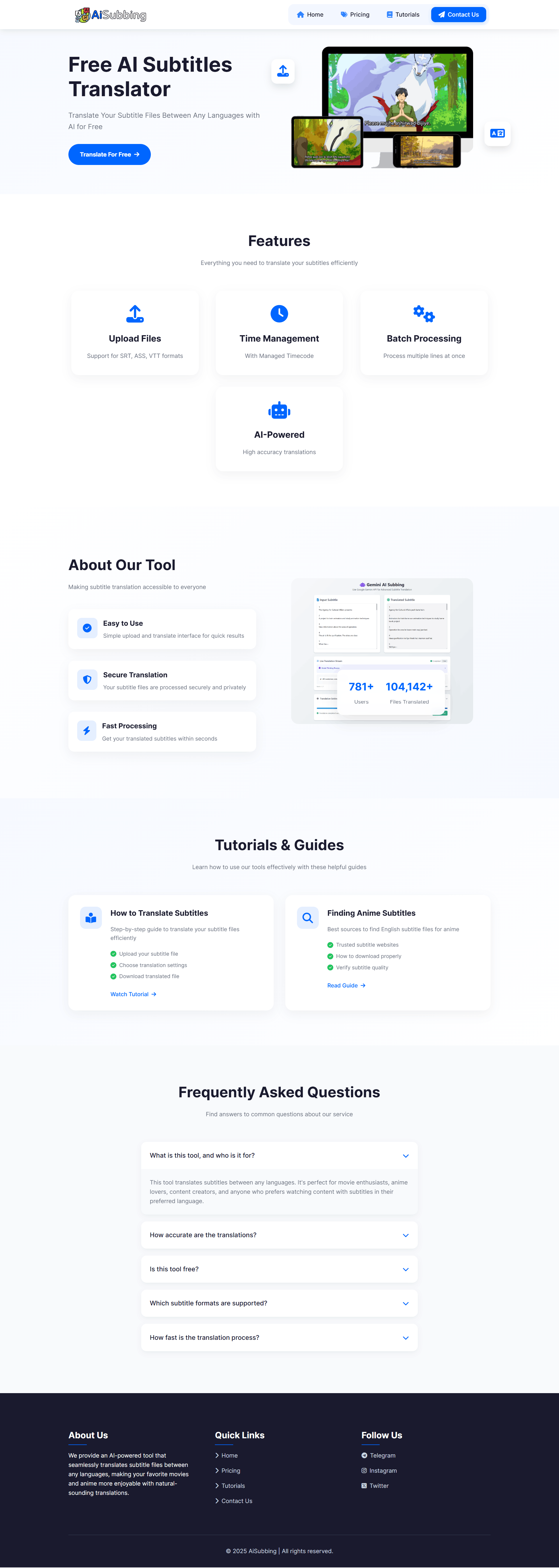 AiSubbing landing page preview